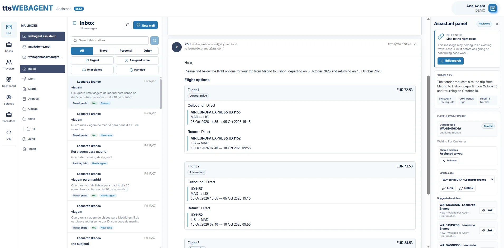 The Assistant with a drafted quote in the inbox, flight options ready for the agent to review