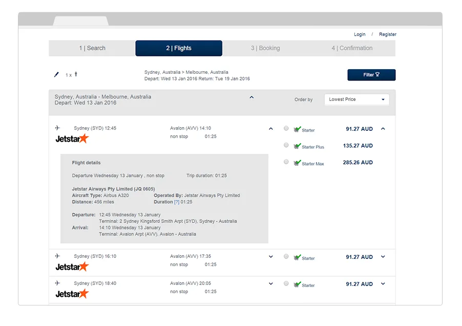 Flight results with one-way faring, fare families and expanded flight details