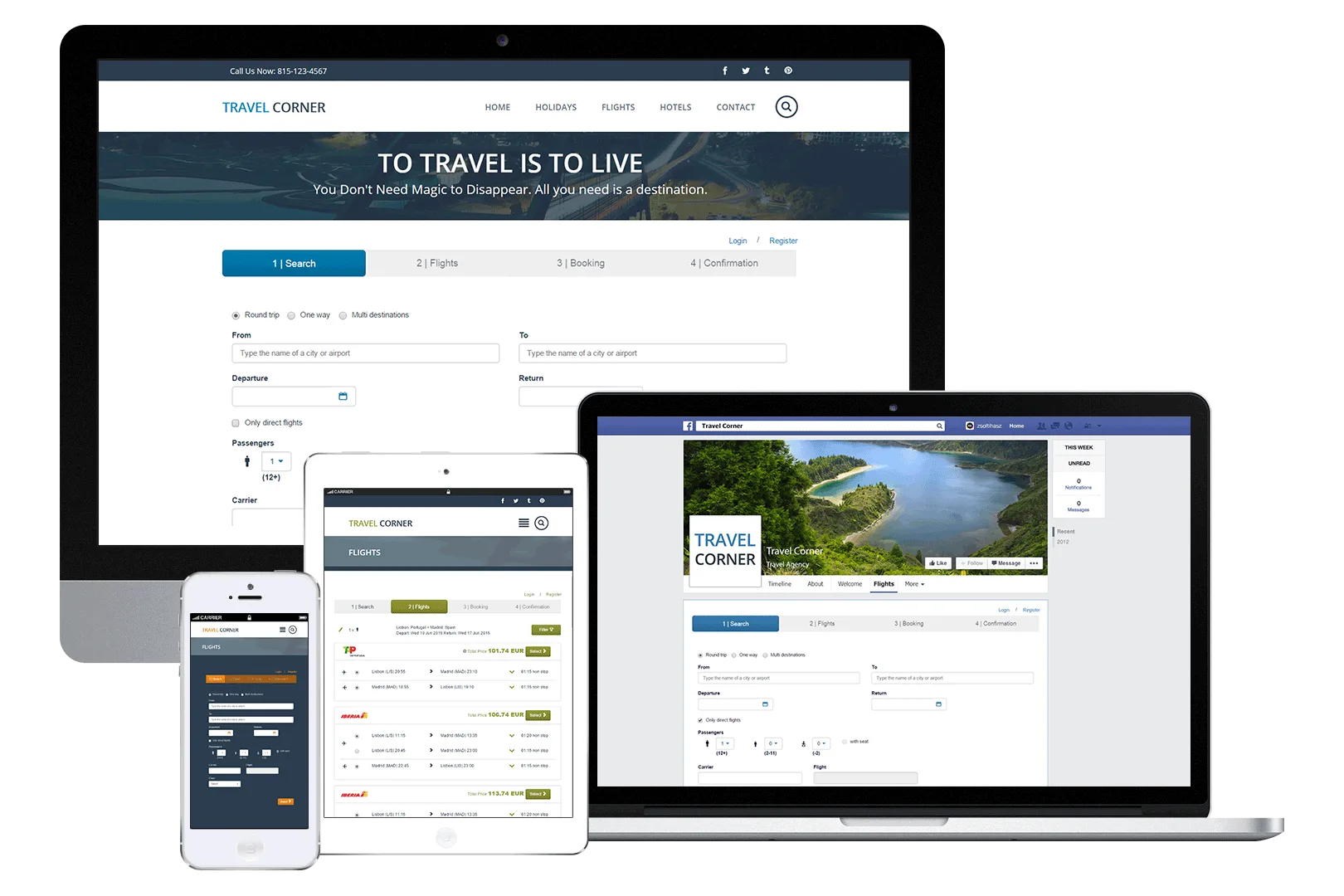 TTS WeBook integrated in a travel agency website, on desktop, tablet, phone and Facebook page